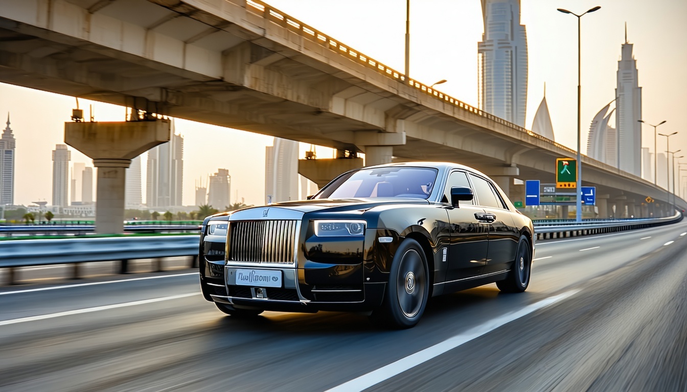Luxury vehicle navigating a toll road in Dubai