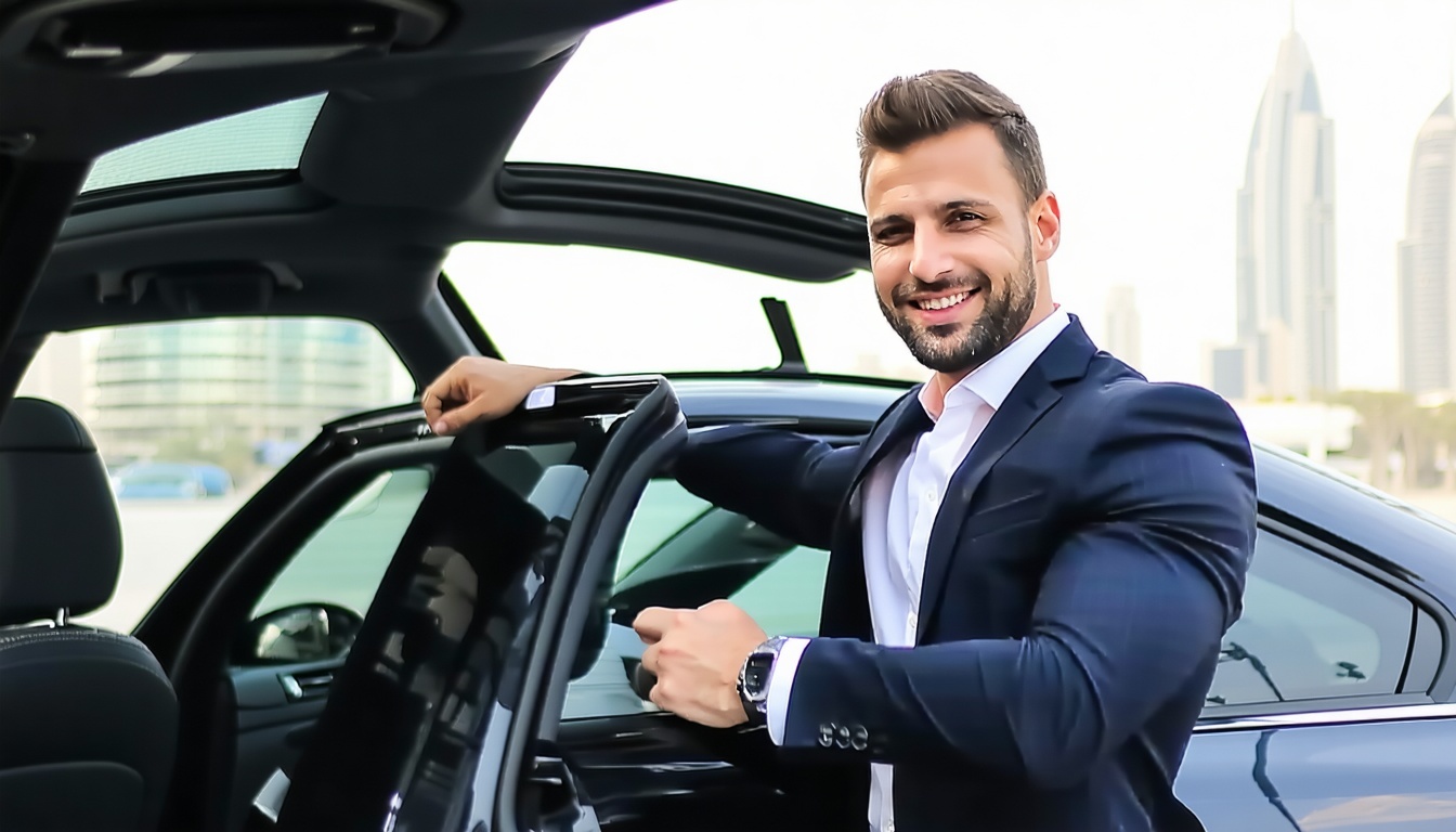 Professional chauffeur assisting travellers in Dubai