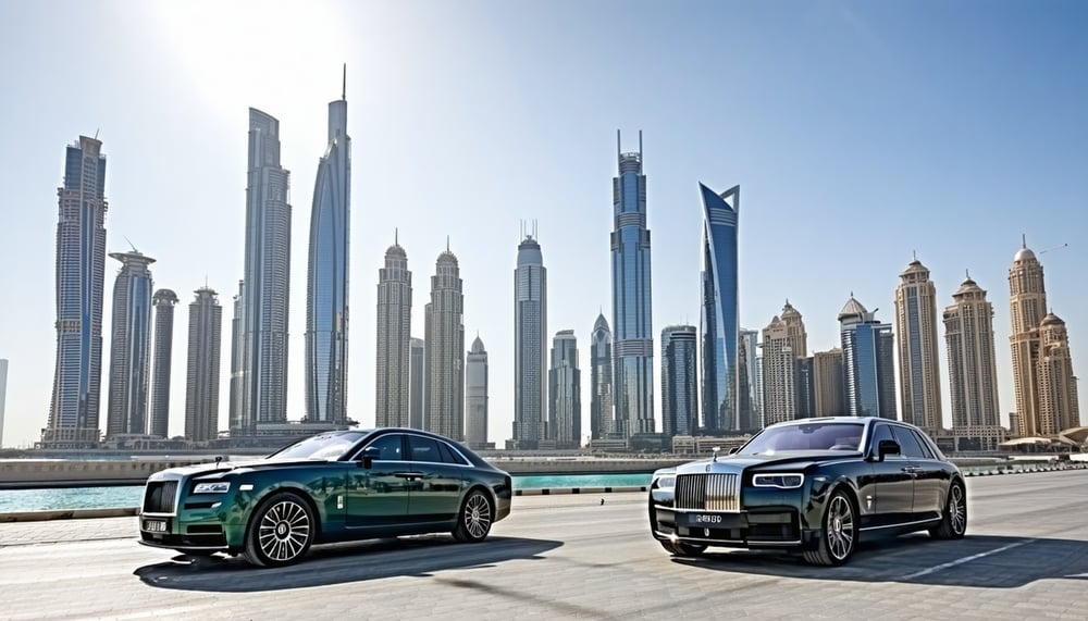 Dubai skyline with iconic landmarks and luxury vehicles