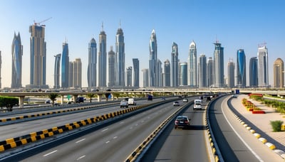 Dubai skyline with toll road and vehicles